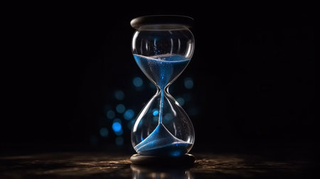 A hourglass with blue light shining in the dark.generative aiの素材