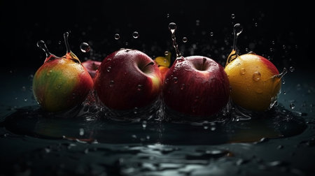 A bunch of apples are splashing in water.generative aiの素材