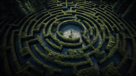 render of a labyrinth in the middle of a green forest.generative aiの素材