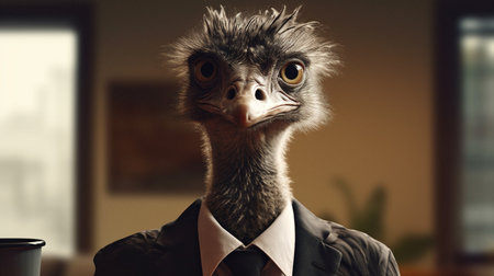 Portrait of an ostrich in a suit and tie on a dark background.generative aiの素材