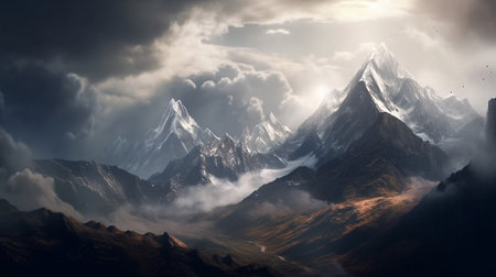 Fantasy Landscape with mountains and clouds.generative aiの素材