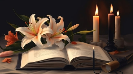 Bouquet of lilies, candles and open book on black background.generative aiの素材