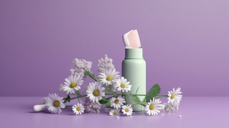 Hygienic toothbrush and chamomile flowers on purple background,generative aiの素材