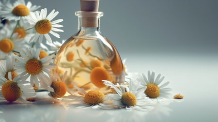 Chamomile essential oil in a glass bottle with fresh chamomile flowers.generative aiの素材
