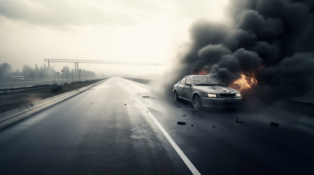 Car on the road with a big fire in the background.generative aiの素材
