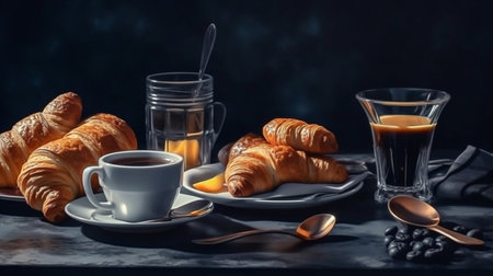Coffee and croissants on a black background.generative aiの素材