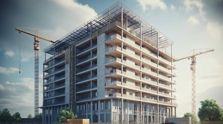 Construction site with cranes and building under construction.generative aiの素材