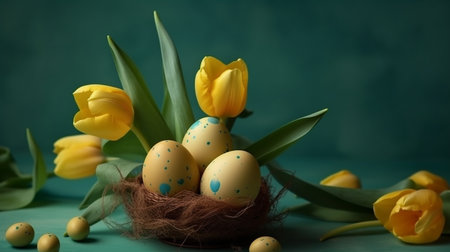 Easter eggs in nest with yellow tulips on turquoise background.generative aiの素材