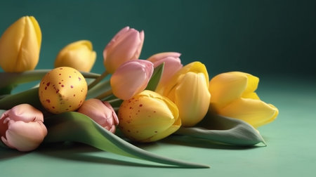 Easter eggs in nest with yellow tulips on turquoise background.generative aiの素材