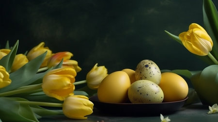 Easter eggs in nest with yellow tulips on turquoise background.generative aiの素材