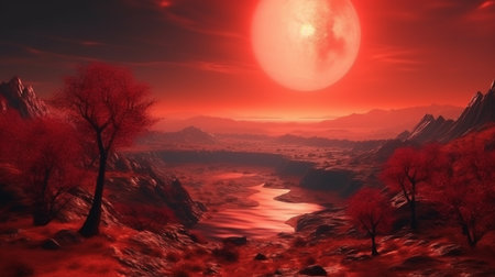 Fantasy landscape with trees and a full moon.generative aiの素材