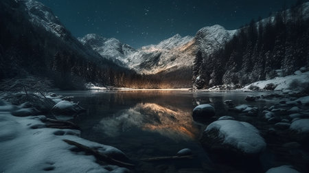 Fantastic winter landscape with snow covered mountains and lake at night.generative aiの素材