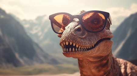 dinosaur in sunglasses on the background of mountains.generative aiの素材