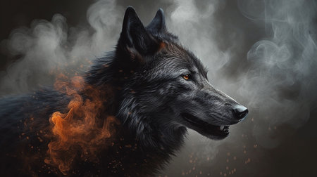 Fantasy portrait of a wolf in smoke on a dark background.generative aiの素材