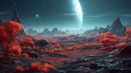Fantasy alien planet. Mountain and lake,generative aiの素材