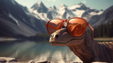 dinosaur in sunglasses on the background of mountains.generative aiの素材