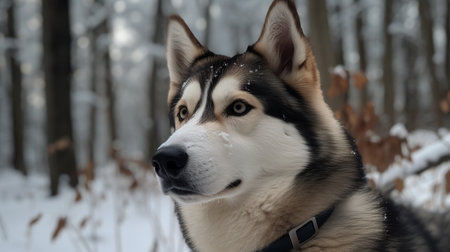 Portrait of a beautiful Siberian Husky dog in winter forest.generative aiの素材