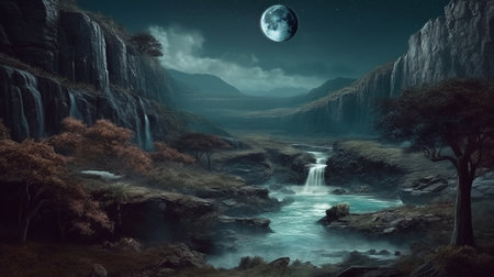 Fantasy landscape with planet earth and waterfall. generative aiの素材