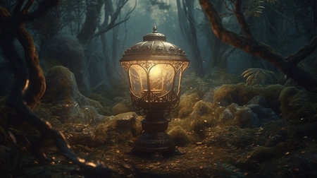 Lantern in the forest at night.generative aiの素材