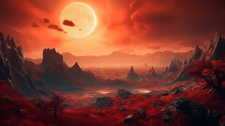 Fantasy landscape with trees and a full moon.generative aiの素材