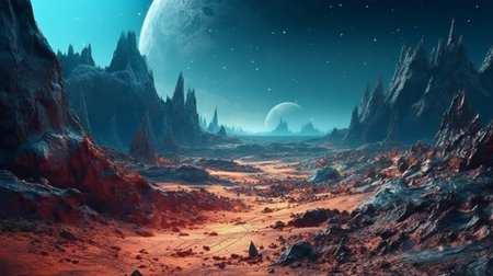 Fantasy alien planet. Mountain and lake,generative aiの素材
