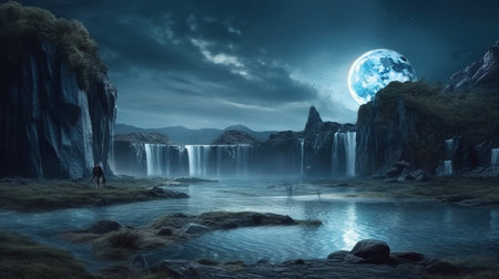 Fantasy landscape with planet earth and waterfall. generative aiの素材