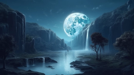 Fantasy landscape with planet earth and waterfall. generative aiの素材