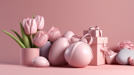 Easter eggs and tulips on a pink background.generative aiの素材