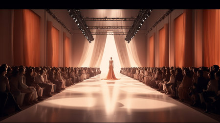 Fashion model wearing white dress on the catwalk.generative aiの素材