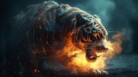 Close-up portrait of a tiger on a dark background with smoke.generative aiの素材