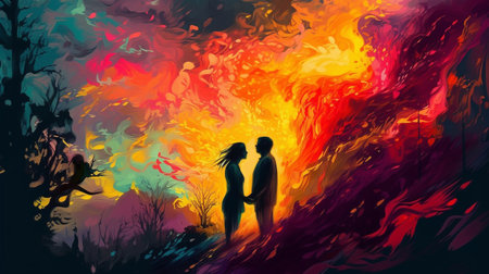 silhouette of a loving couple on a background of fire.generative aiの素材