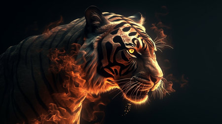 Close-up portrait of a tiger on a dark background with smoke.generative aiの素材