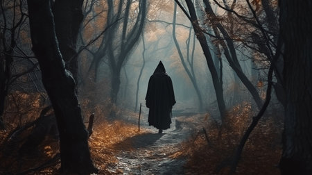 Scary dark forest with a figure of a witch in a dark cloak.generative aiの素材