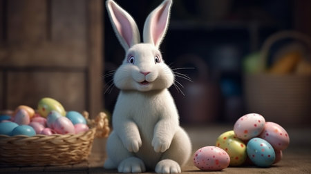Easter bunny with colored eggs on rustic wooden background.generative aiの素材