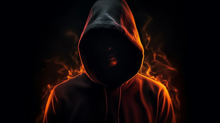 Hooded man in a hood on a black background with fire.generative aiの素材
