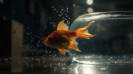 Goldfish swimming in a glass aquarium with water drops on it.generative aiの素材