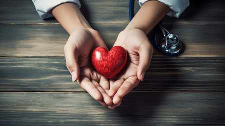 Female hands holding red heart on wooden background. Health care and medical concept.generative aiの素材