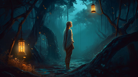 Mysterious dark forest with a woman in a cloak and lanterns.generative aiの素材