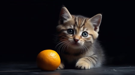 Cute siberian kitten with orange in studio on black background.generative aiの素材