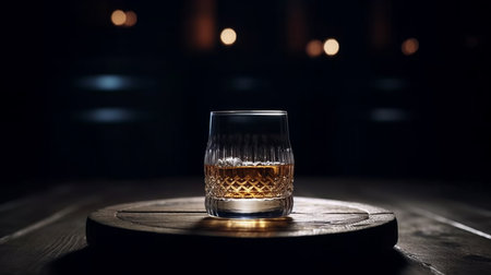 Glass of whiskey with ice cubes on old wooden table, closeup.generative aiの素材