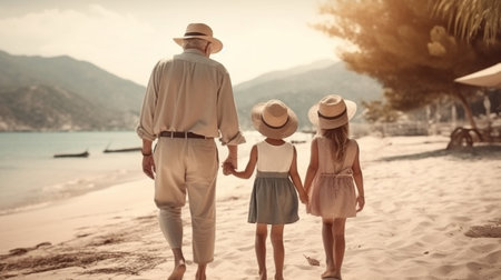 Senior couple with their grandchildren walking on the beach at sunset. Concept of happy family.generative aiの素材