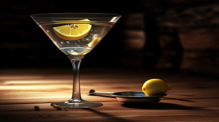 Cocktail in martini glass with slice of lemon on wooden table.generative aiの素材