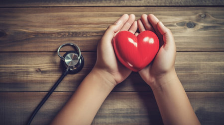 Female hands holding red heart on wooden background. Health care and medical concept.generative aiの素材