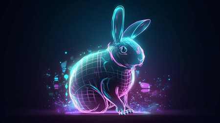 neon pink rabbit with blue eyes and black background.generative aiの素材