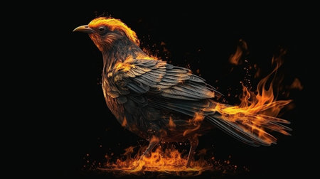 Golden pheasant isolated on black background with fire and smoke.generative aiの素材