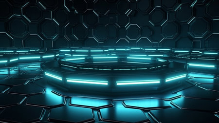 Abstract technology background with hexagons and glowing lines.generative aiの素材