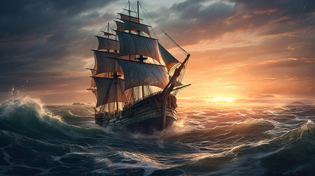 Sailing ship in the sea at sunset. 3d render illustration.generative  aiの素材