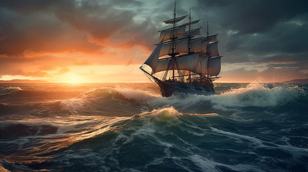 Sailing ship in the sea at sunset. 3d render illustration.generative  aiの素材