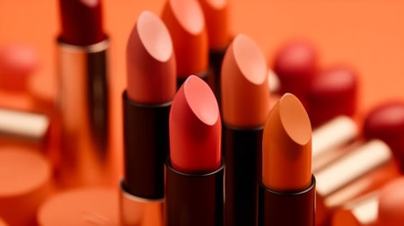 Lipsticks on orange background, close-up, selective focus.generative aiの素材