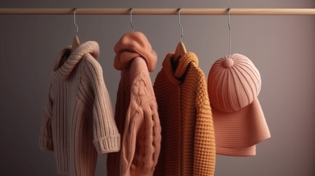 Woolen sweaters and accessories on a wooden shelf, close-up.generative aiの素材
